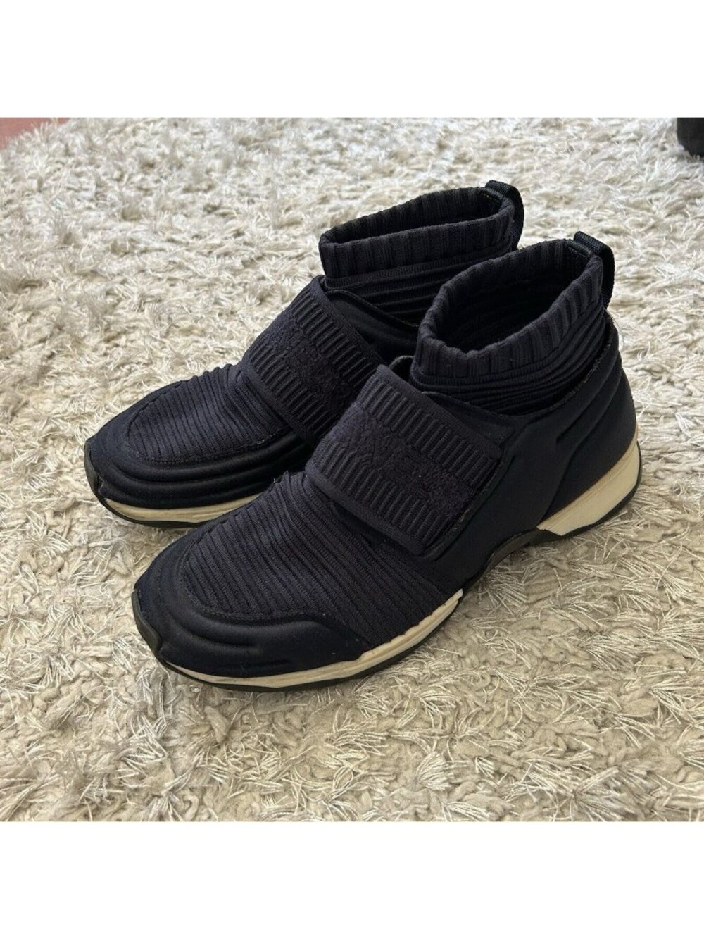 Chanel Womens Shoes Navy Blue Runner Sneakers Logo Stretch Sock Slip On Size 7